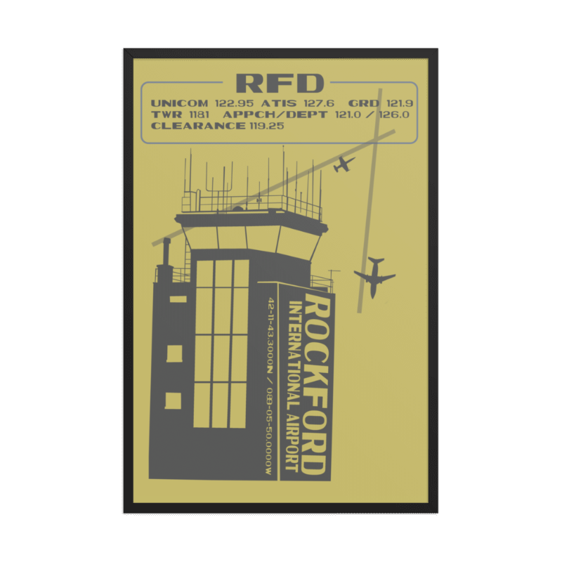 Poster of Rockford International Airport control tower with text on a beige background